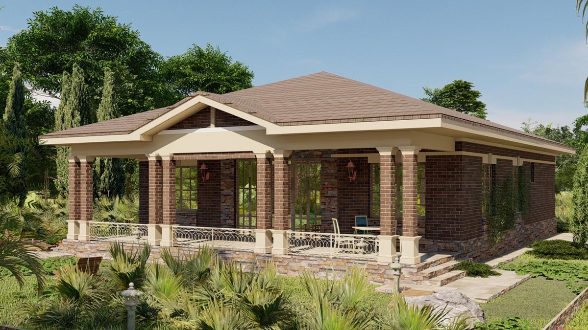 Терраса оформлена сдвоенными колоннами и кованой оградой.