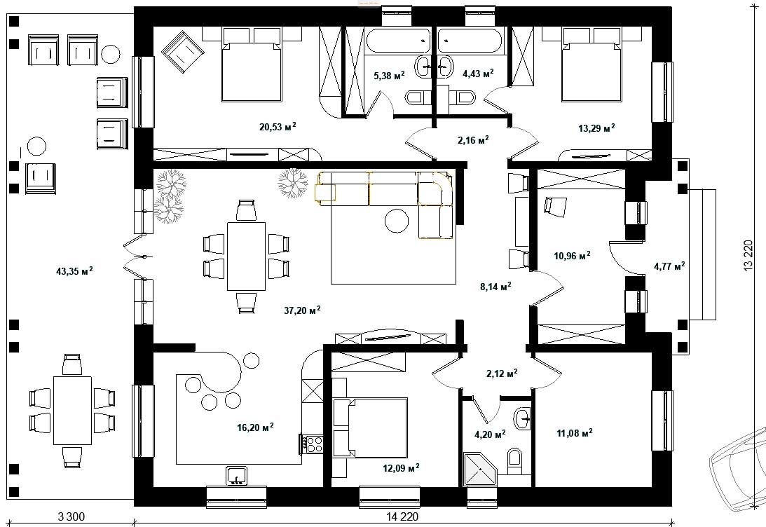 Это базовая планировка (именно она в чертежах типового готового проекта). Здесь три спальни. Две в одном крыле (главная и детская), одна (гостевая или для старшего поколения) - в другом. Помещение 11.08 - котельная, кладовая либо ещё одна жилая комната.
