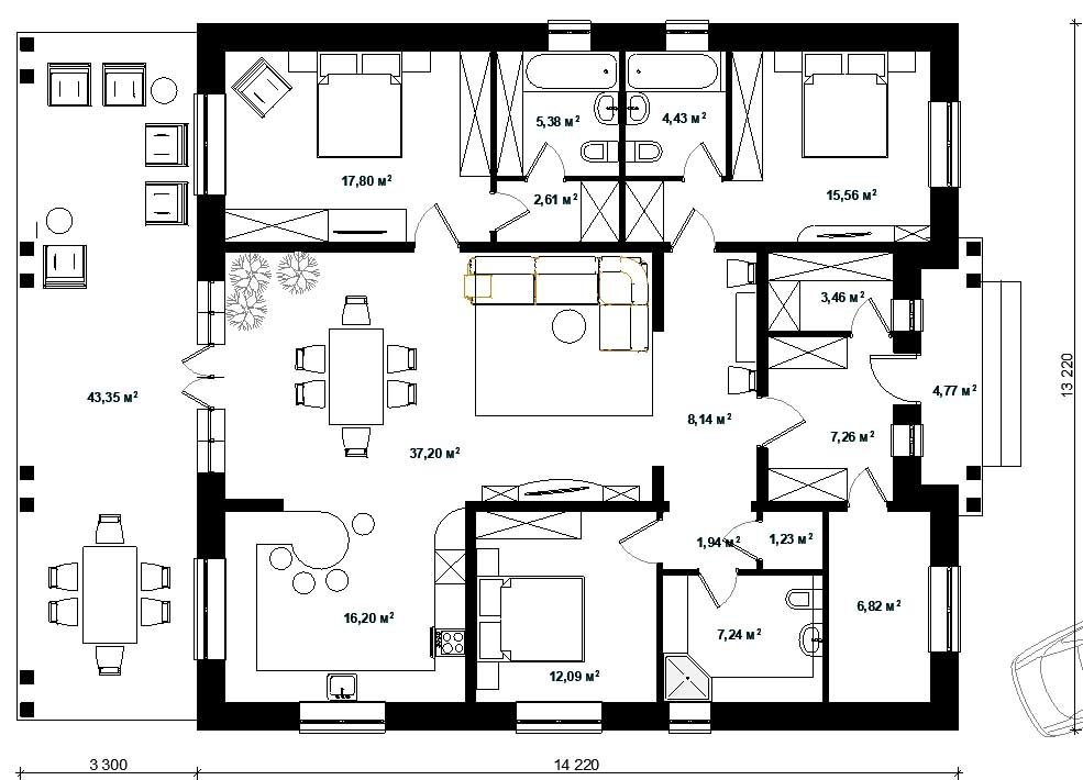 В этом варианте вход в главную спальню сделан из гостиной, что позволило выделить места для шкафов. Котельная уменьшена, и вход в неё из прихожей, что позволит обслуживать ее не попадая в жилую часть дома. Ванная увеличена для размещения постирочной.