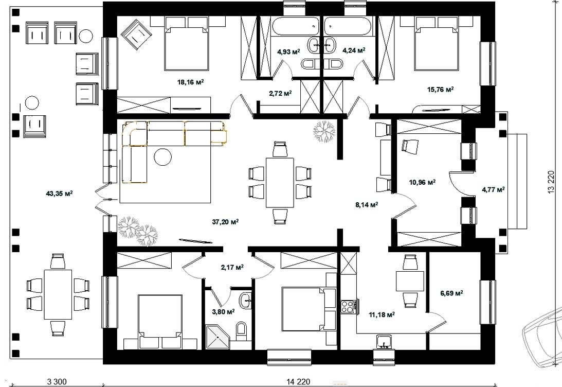 Здесь поменяли местами кухню и жилой блок. КУхня получилась изолированной, со входом из холла, совмещенная с котельной, а вход в блок спален сделан из гостиной. Второй жилой блок может быть как в любом из предыдущих вариантов.