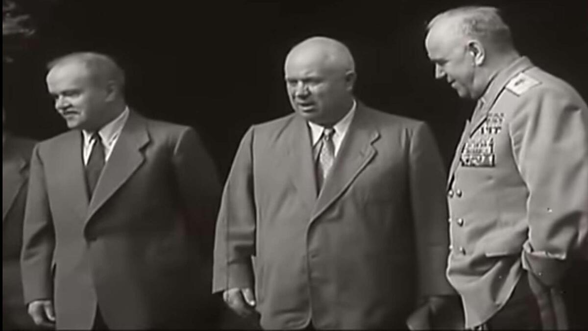 Вновь, как и в 1953 году, решающую роль сыграл Г.К. Жуков, не позволивший свергнуть Н.С. Хрущева. Расплата за это наступила уже в октябре того же 1957 года и наступила она от «дважды спасенного им Хрущева». Скриншот кадра советской кинохроники.