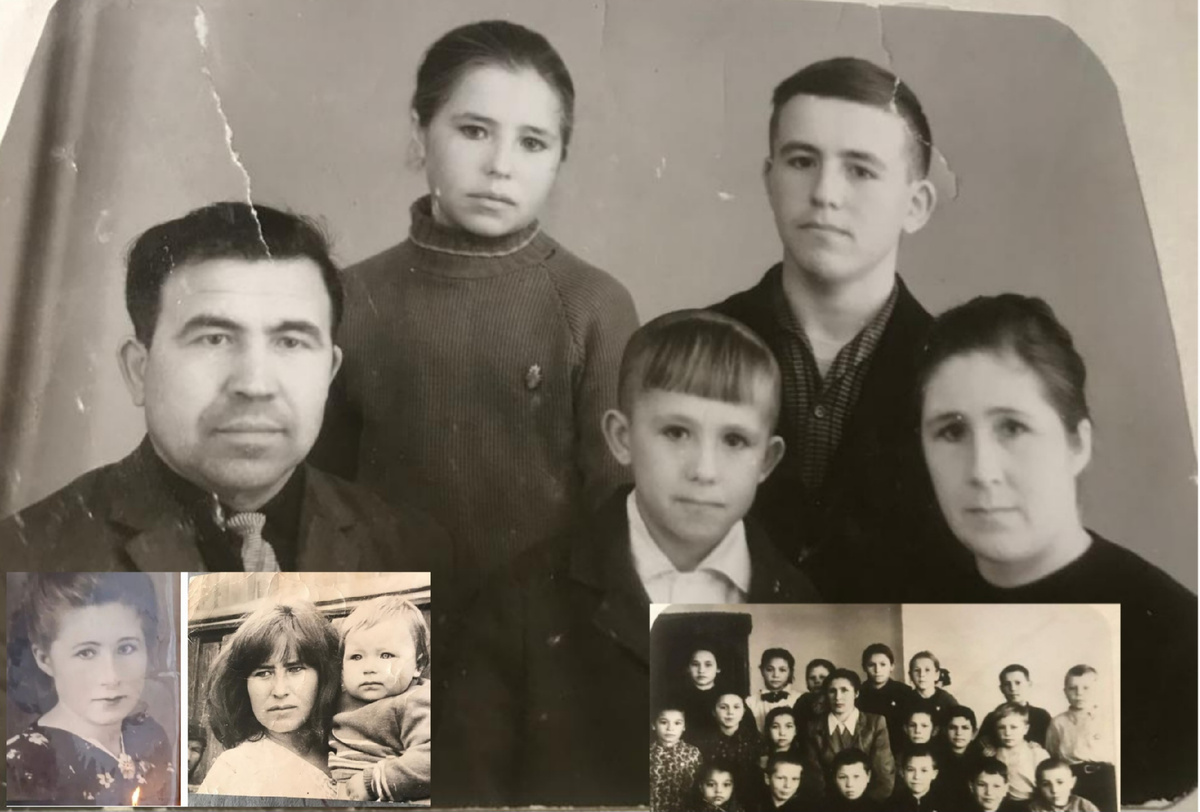 Папа, мама, два брата и сестра - была счастливая семья. Слева в нижнем углу мама; выглядывает бабушка (которая меня растила); карапуз - это я. сестра (тут ей уже 18) держит меня на руках. Она после смерти бабушки меня подняла. В общем-то, бабушка и сестра мне тоже стали мамой. В правом нижнем углу мама со своими с учениками