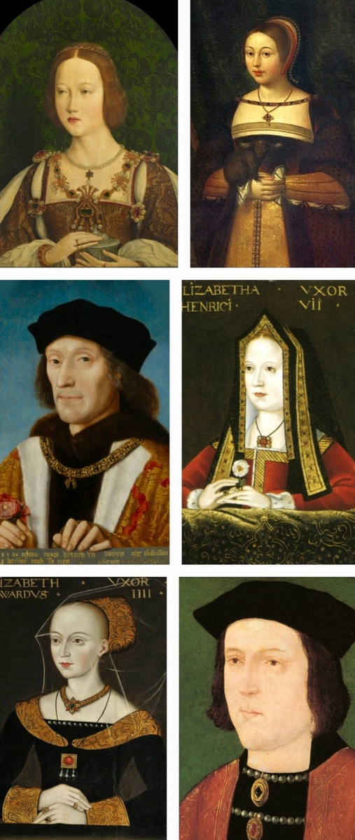 В левом верхнем углу Мария Тюдор, справа от неё Маргарита, под ней её мать Елизавета Йоркская, слева от Елизаветы её супруг, под ним его тёща Елизавета Вудвилл, справа от Вудвилд Эдуард IV.