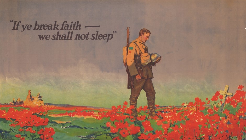 Патриотический плакат военных лет с изображением скорбящего солдат на маковом поле 