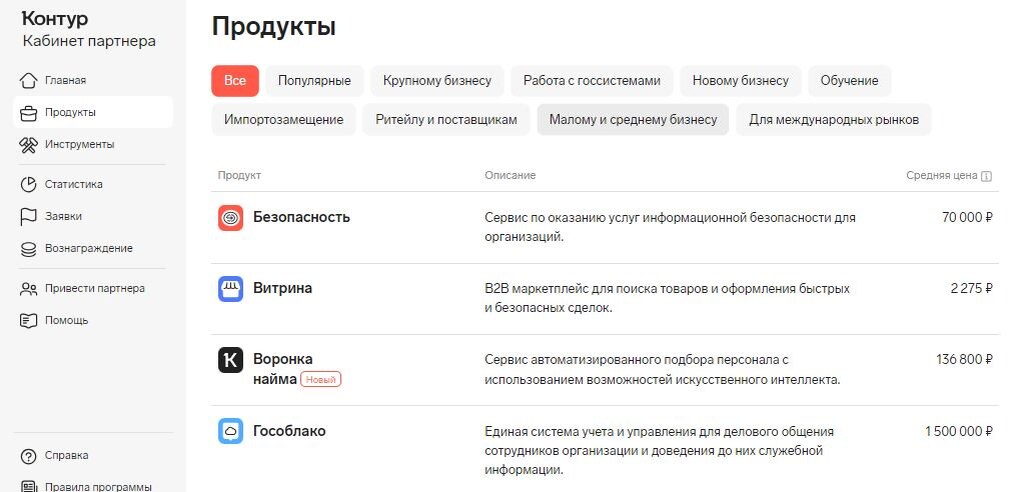 Пример из личного кабинета, где представлены продукты для рекомендаций через реферальную программу