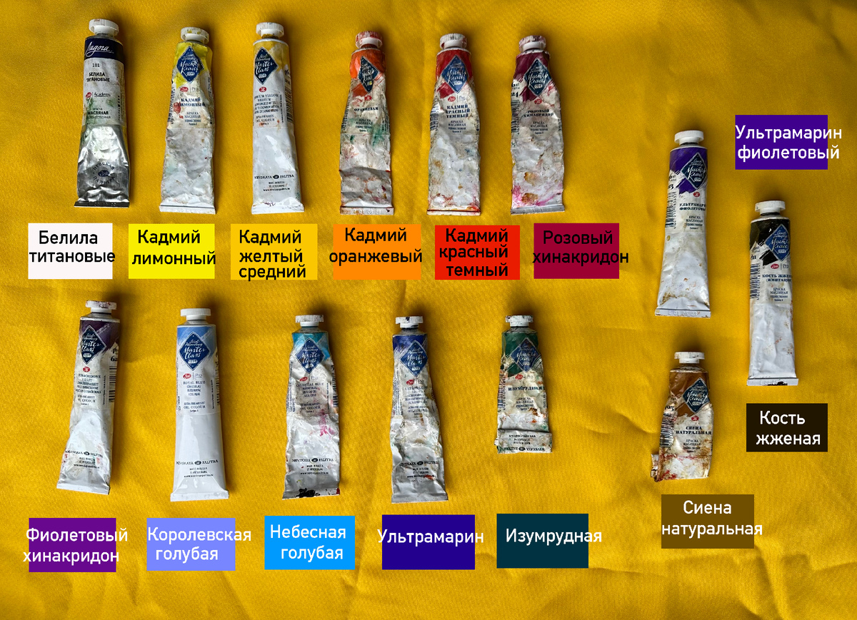 Мои масляные краски. Справа цвета, которые использую редко. Забыла добавить "индиго" и  "умру ленинградскую".