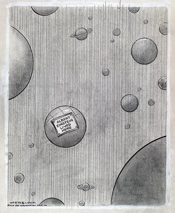 Карикатура, нарисованная Гербертом Л. Блоком в день смерти Альберта Эйнштейна в 1955 году (Библиотека Конгресса США).