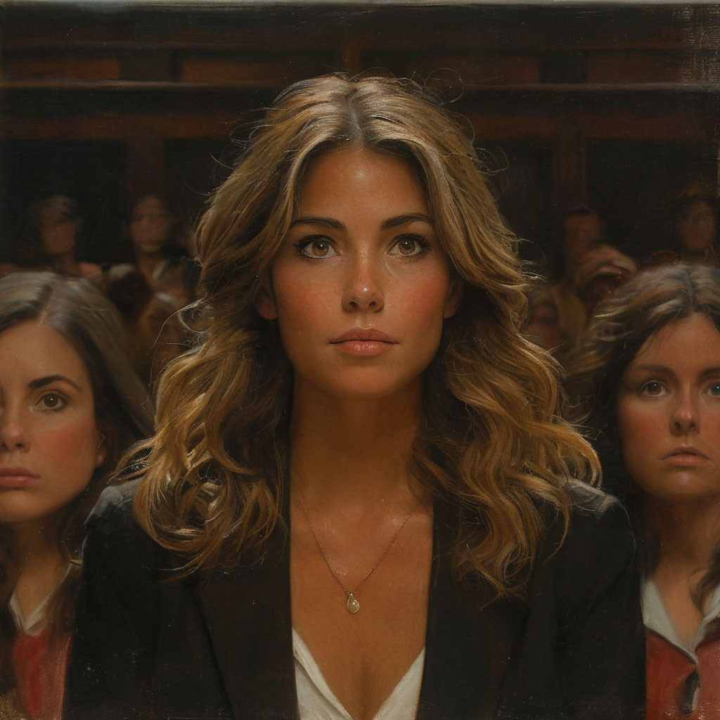 Картинка отрисована графической нейросетью. Женщина перед судом присяжных заседателей