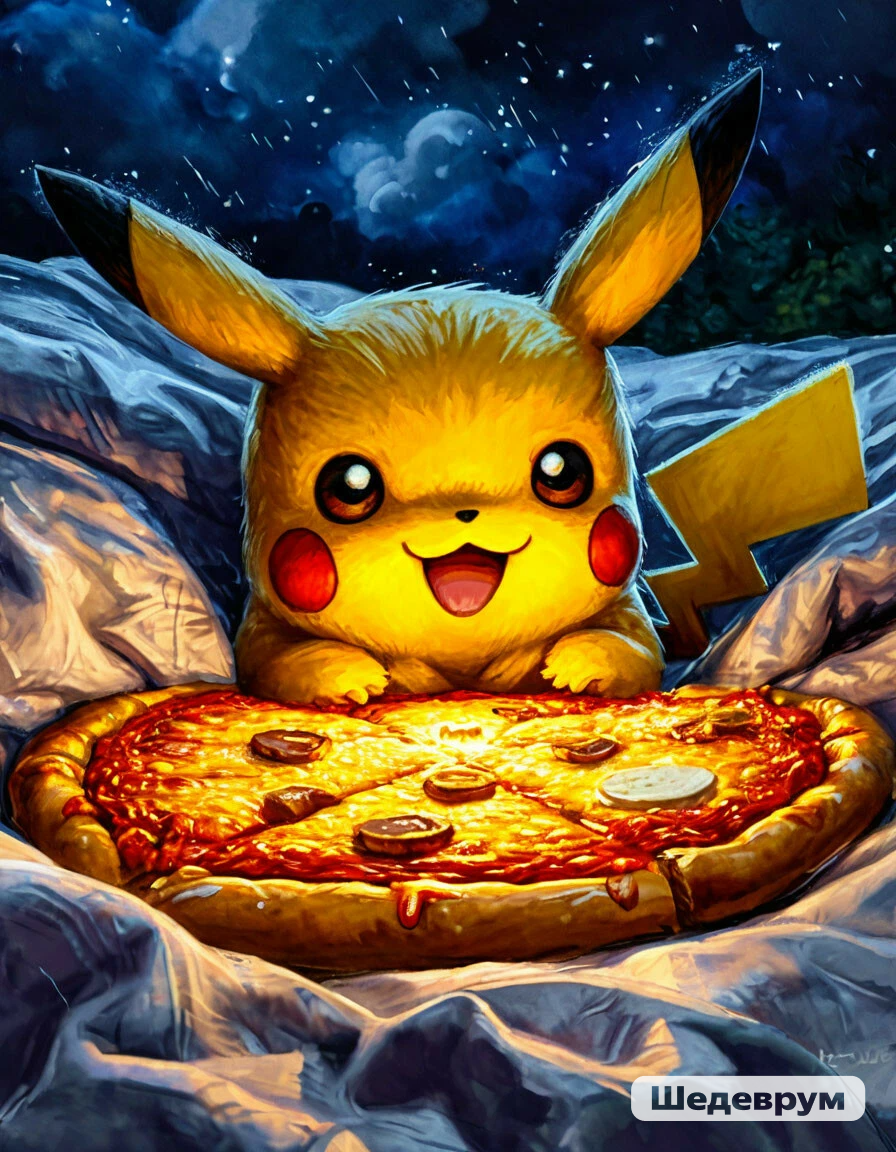 Пикачу кушает пиццу. "Вкусненькая моя." 