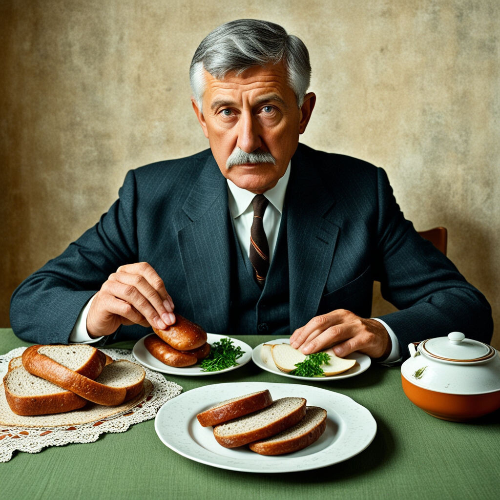 Нейроарт. Почему-то здесь нейросеть не смогла изобразить бородинский хлеб, зато изобразила Каневского, так что культурный код на месте