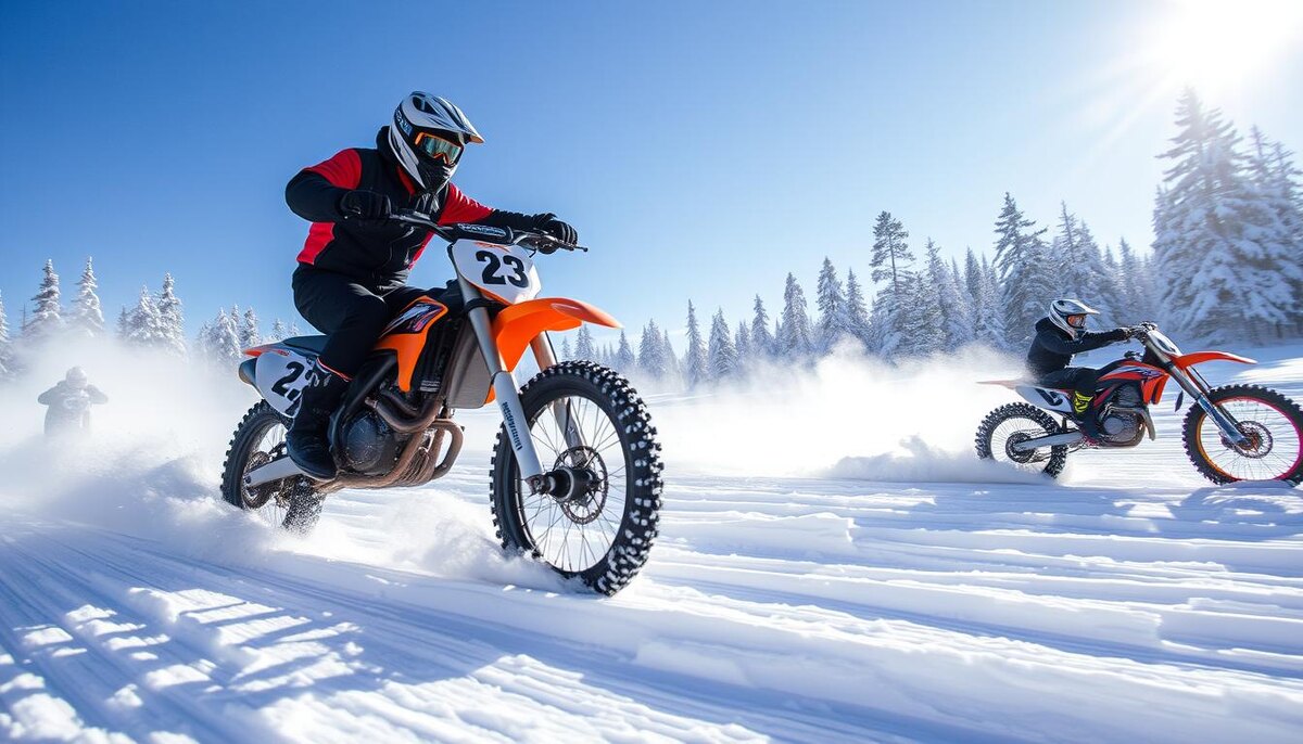 Снежный пейзаж с соснами, динамичное движение, кадры с мотоциклами, взбивающими снег, голубое небо и яркий солнечный свет