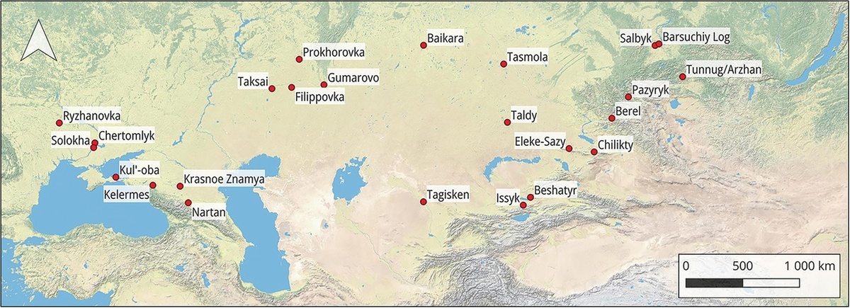 Расположение памятников с элитными захоронениями материальных культур скифского типа в степях Евразии.