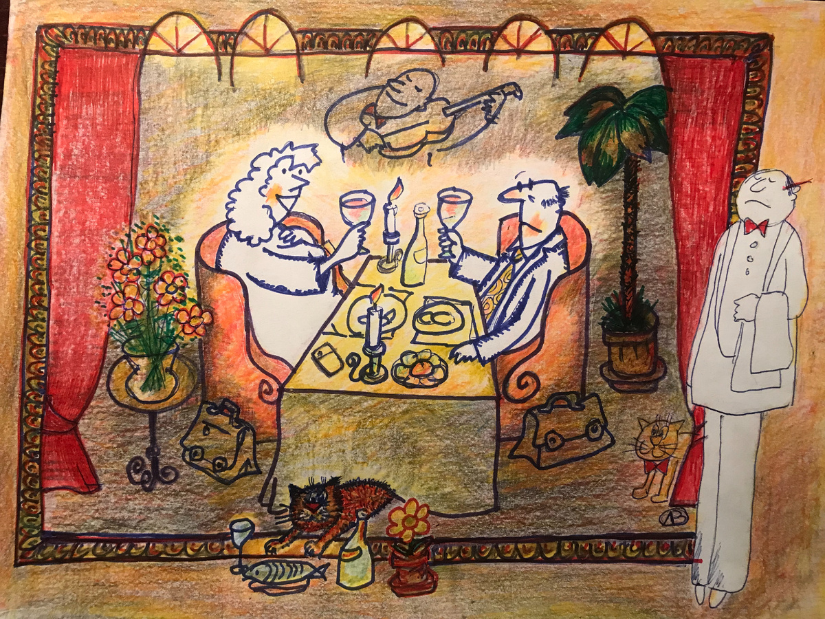 В ресторане они пили исключительно за любовь. Рисунок автора.