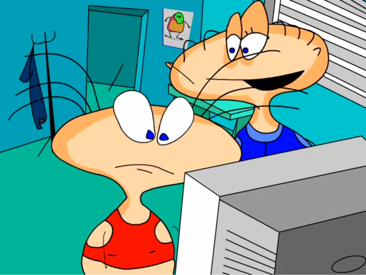 Масяня и Лохматый таращатся в ЭЛТ-монитор