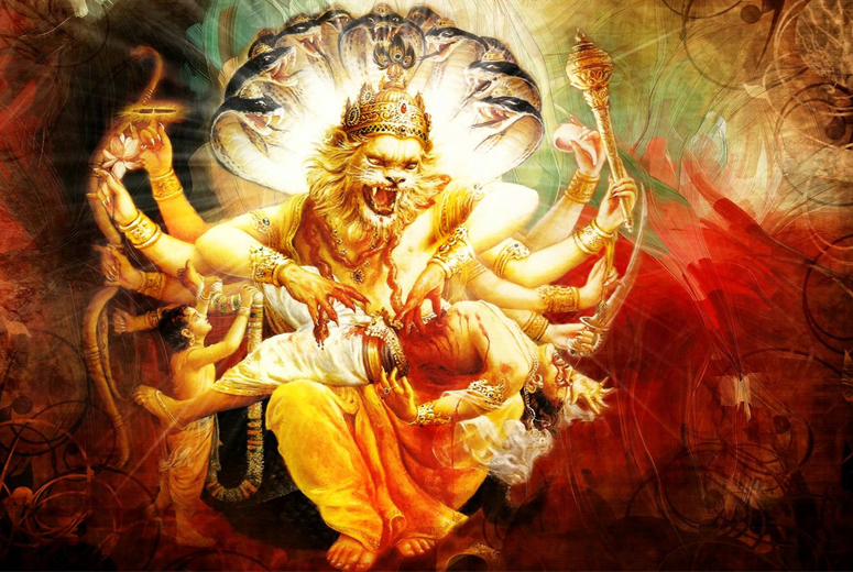 Верховный Господь Щрӣ На̃̄ра-симха острыми, как бритва трансцендентными когтями разрывает надвое демоническое тело врага Верховной Личности Бога Хиранйакащипу у Себя на коленях.