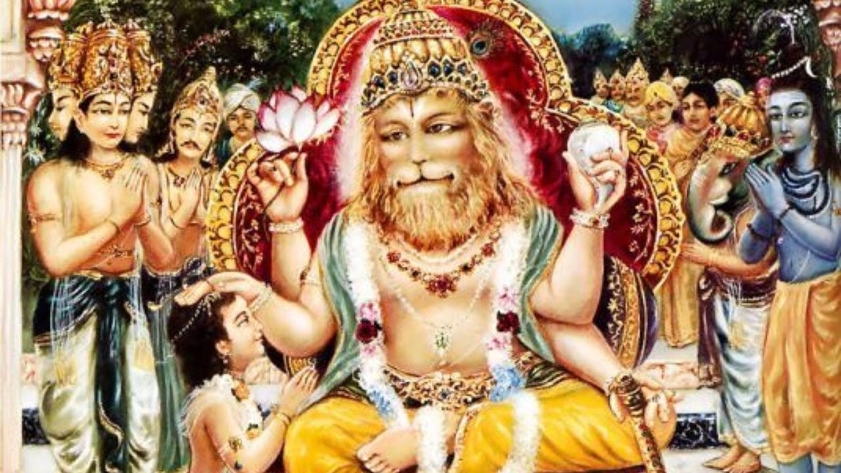 Щрӣ Прахла̄да Маха̄ра̄джа̄ умиротворяет Верховного Господа Нp̣симхадева после Его битвы и наказания-освобождения демона Хиранйакащипу. Щрӣ Нp̣симхадев был очень разгневан измывательствами отца над непорочным 5-летним сыном-преданным.