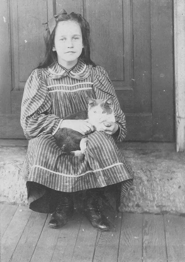 Женщины в элегантных платьях в эдвардианском стиле сидят со своими кошками на скамейках на открытом воздухе, а дети в матросских костюмах или с воротниками с оборками прижимают к себе котят, явно гордясь своими пушистыми друзьями.