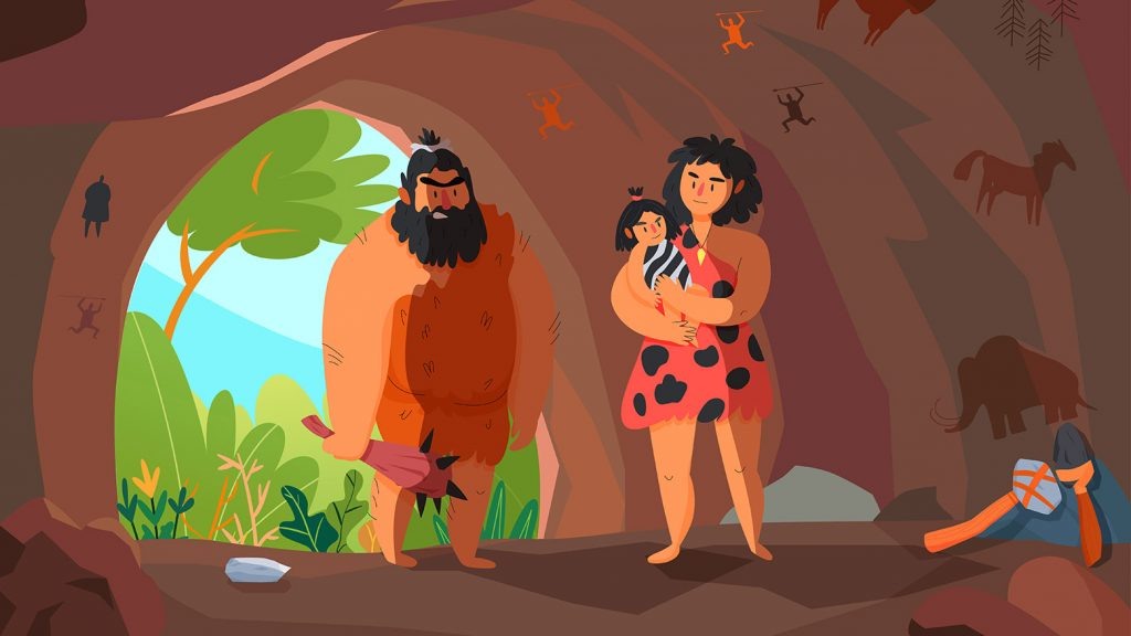    Two primitive people with child in cave cartoon vector illustration Александр Шереметьев