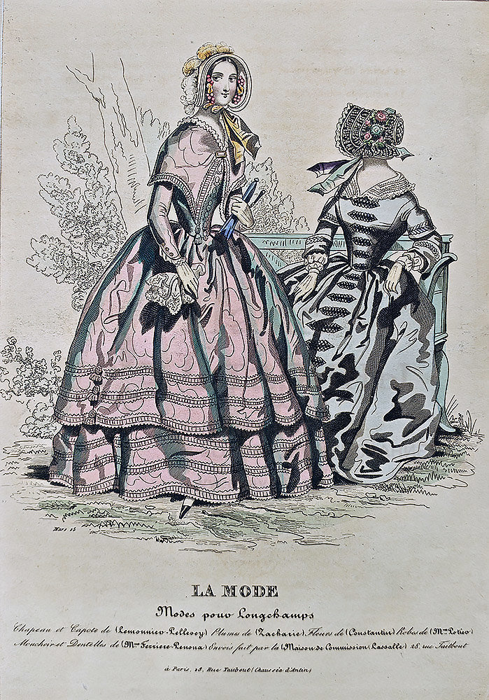 Старинная гравюра «Французская женская мода. Наряды для прогулки» из журнала La Mode, бумага, Франция, 1800-е. Фото с нашего сайта dvaveka.ru