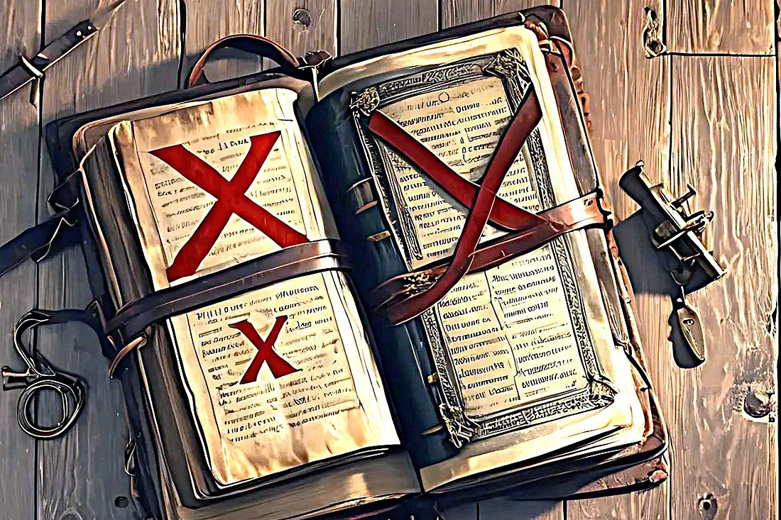 Традиционная Библия, отмеченная красным крестом, символизирующим исключение Евангелия от Фомы из официального Священного Писания.