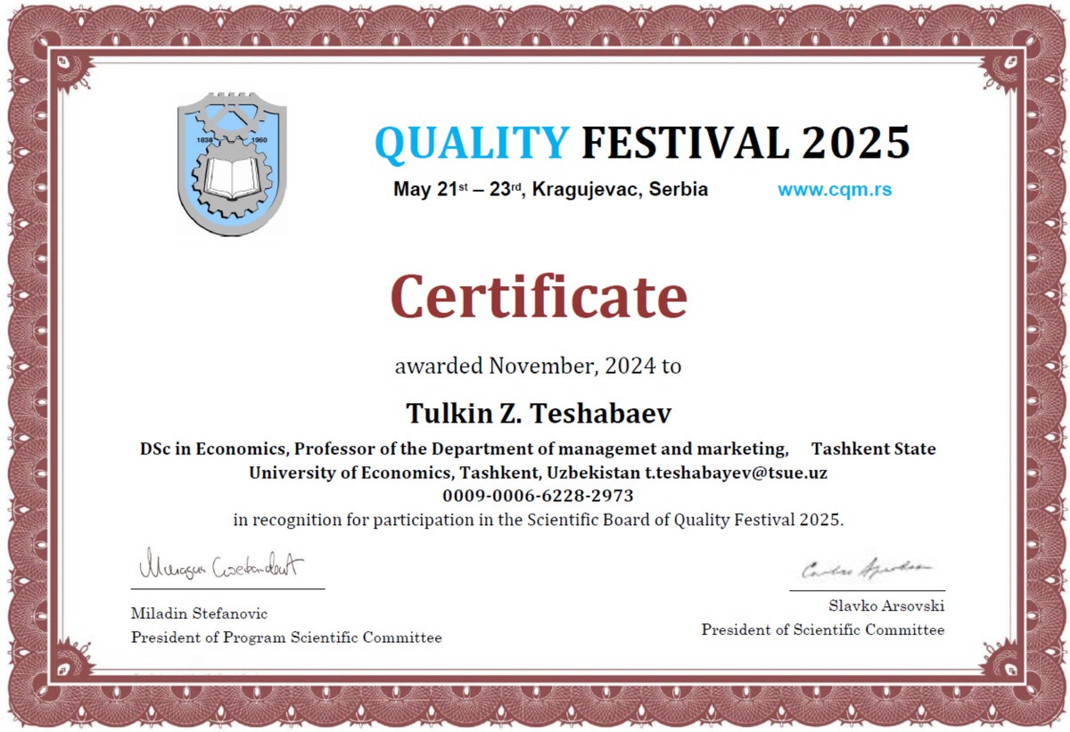 В научный комитет Международного фестиваля качества вместе с президентом ИНК вошли авторитетные ученые из Узбекистана – из Ташкентского государственного экономического университета. В их числе д.э.н., проф. кафедры менеджмента и маркетинга Талкин Ж. Тешбаев (Tulkin Z. Teshabaev), д.э.н., проф. кафедры бюджетного учета и казначейства Султонали У. Мехмонов (Sultonali U. Mekhmonov) и д.э.н., проф. кафедры бухгалтерского учета Шахло Т. Эргашева (Shakhlo T. Ergasheva).