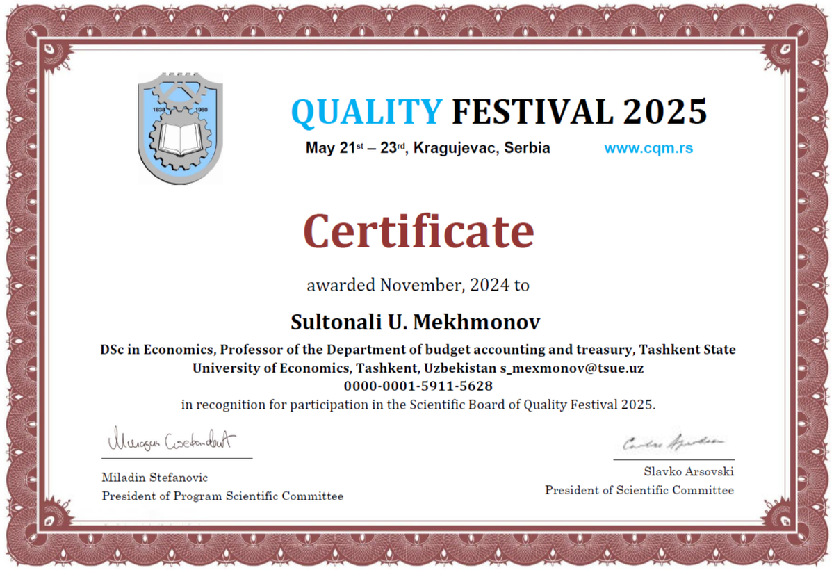 В научный комитет Международного фестиваля качества вместе с президентом ИНК вошли авторитетные ученые из Узбекистана – из Ташкентского государственного экономического университета. В их числе д.э.н., проф. кафедры менеджмента и маркетинга Талкин Ж. Тешбаев (Tulkin Z. Teshabaev), д.э.н., проф. кафедры бюджетного учета и казначейства Султонали У. Мехмонов (Sultonali U. Mekhmonov) и д.э.н., проф. кафедры бухгалтерского учета Шахло Т. Эргашева (Shakhlo T. Ergasheva).