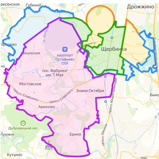 Карта Новой Щербинки - зеленым цветом выделены территории ранее входившие в г.о. Щербинка, желтым цветом - Южное Бутово, синим - Воскресенское, лиловым - поселение Рязановское. 