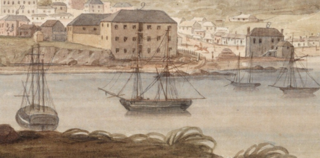 Фрагмент панорамы Хобарта 1828 года, предположительно изображающий бриг «Кипр» (в центре)
