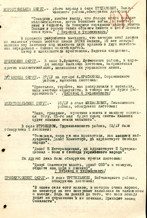 Специальное сообщение Врид начальника Секретно-оперативного управления Государственного политического управления Украинской ССР Добродицкого и начальника Информационного Отдела Объединенного Государственного Политического Управления Украинской ССР Кривца о продовольственных затруднениях в Могилев-Подольском и Старобельском округах. 3 мая 1930 г.
