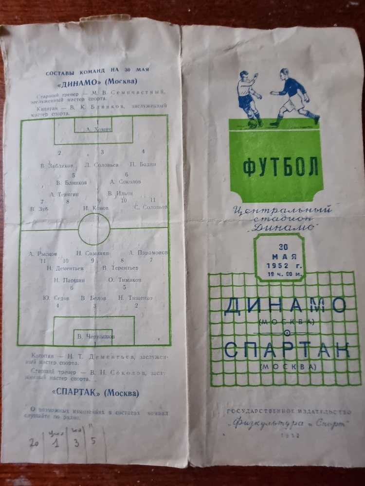 Программка к матчу "Динамо" - "Спартак". Архив автора.