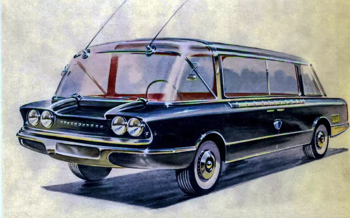 В 50-х вагонная компоновка казалась завтрашним днем всего автопрома. Апологетом этой стилистики был и Долматовский, и его юные дарования. На этом эскизе Молчанова представлен однообъемник представительского класса.  