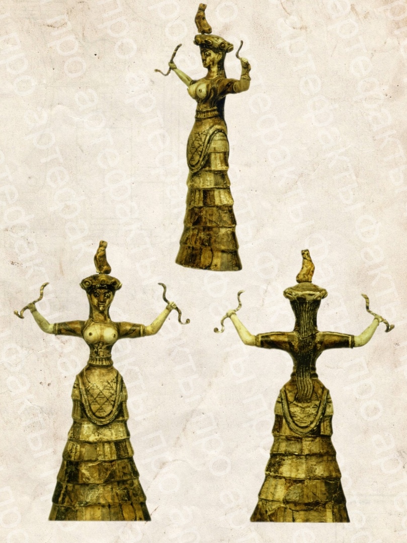 «Маленькая» богиня змей. Фаянсовая статуэтка. Кносский дворец, священные усыпальницы. Неодворцовая эра (около 1600 г. до н.э.). 