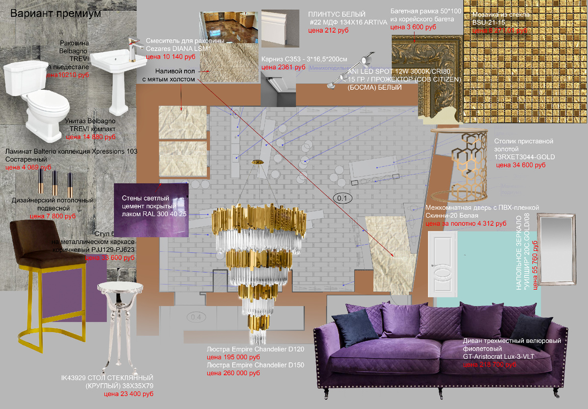 Коллаж для уточнения общего настроения и колористической гаммы интерьера. Благородство золота и фиолета - всегда выигрышно!