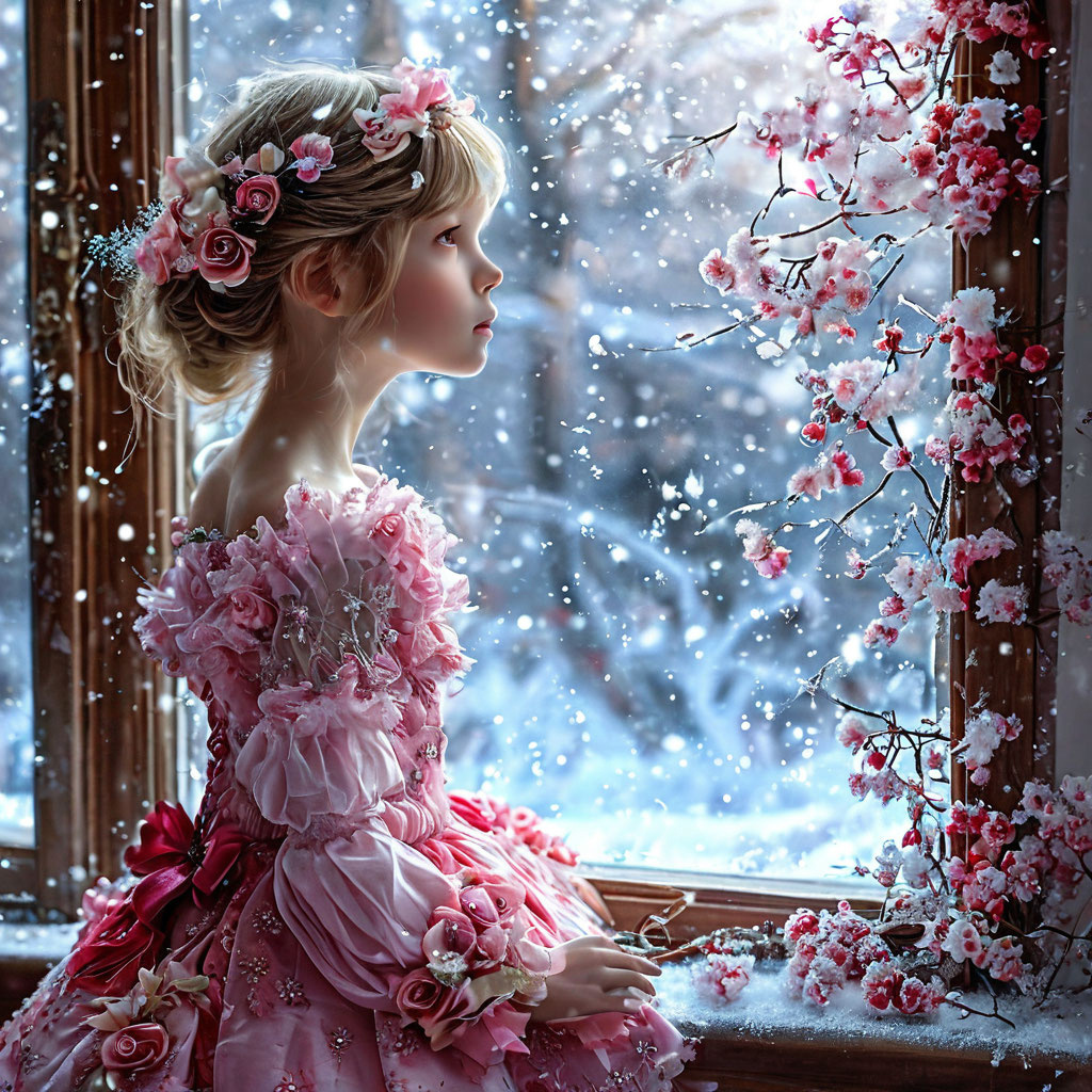 Девочка ищет Весну, но в окошке — зима... Изображение от ИИ Шедеврум