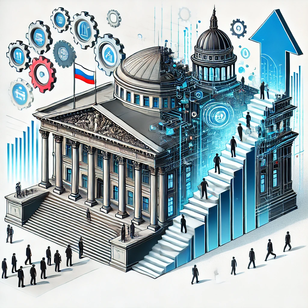 Иллюстрация, изображающая трансформацию государственной службы в России, с часовой башней, символизирующей переход от старой системы к современной. С одной стороны башни — традиционная архитектура, с другой — цифровые панели, символизирующие технологический прогресс. Перед башней изображены госслужащие, переходящие в новую систему или оставшиеся в традиционной стороне.