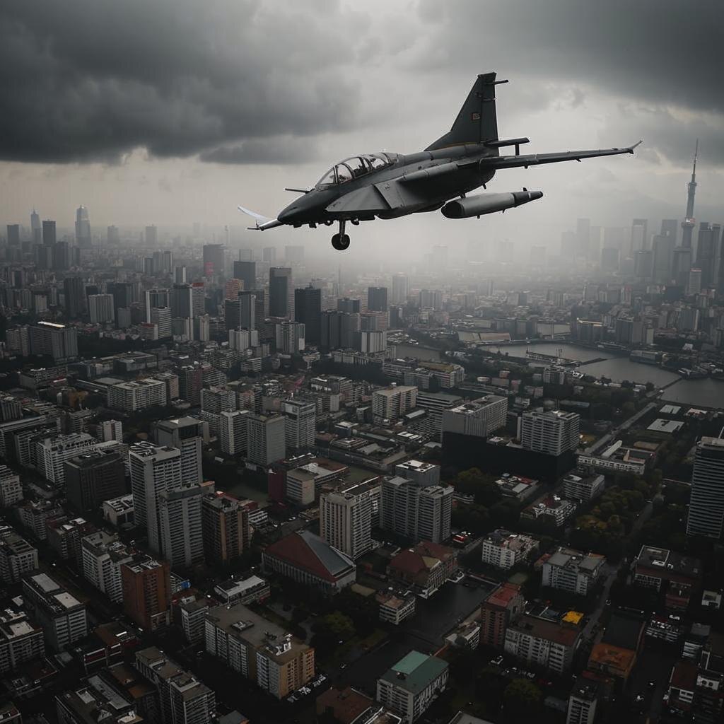 Военный самолёт над жилым кварталом