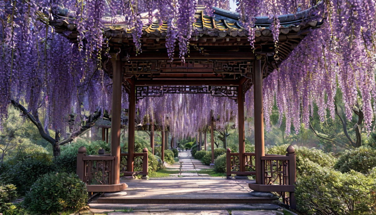 Глициния китайская зацветает весной и сохраняет цветущие кисти в течение всего лета.