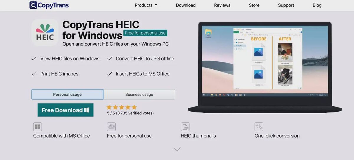     Скриншот сайта программы‑конвертера CopyTrans HEIC © CopyTrans. https://www.copytrans.net/copytransheic/