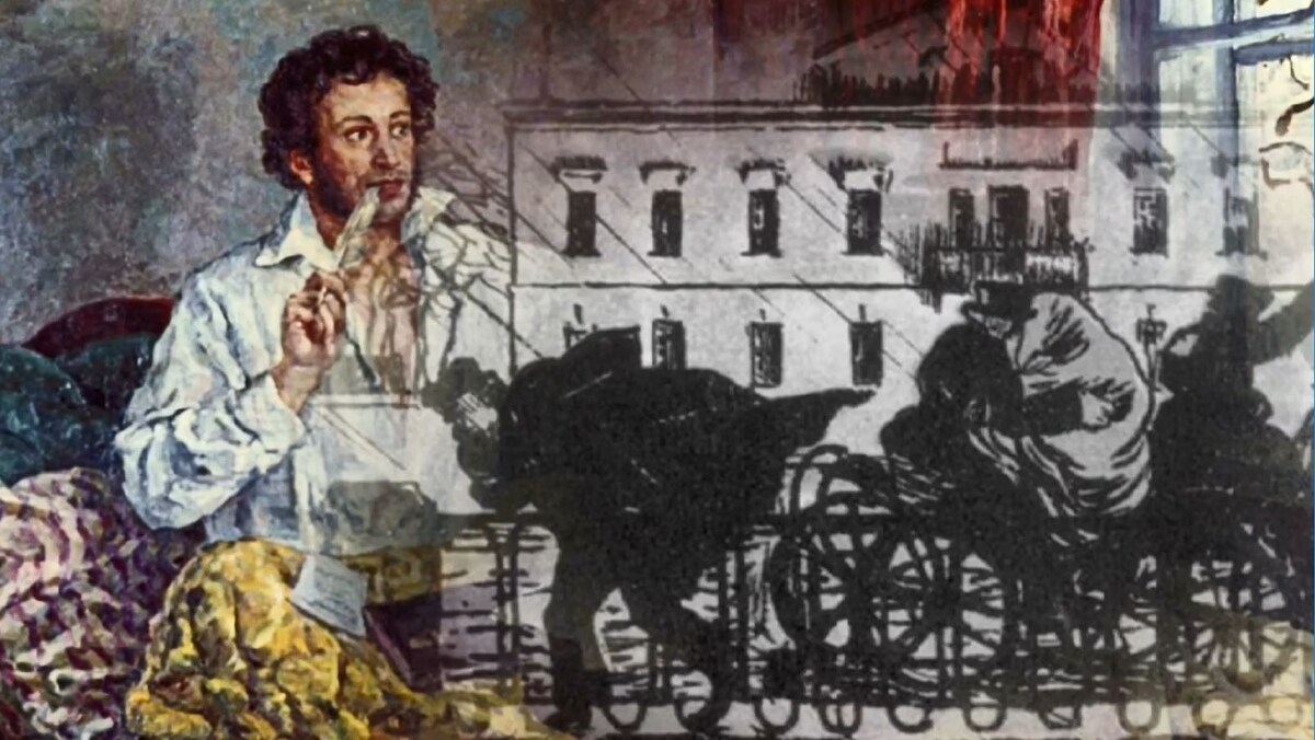 Коллаж выполнен автором на основе иллюстраций А.Н.Бенуа и картины "Пушкин в Михайловском" художник Пётр Кончаловский (1930-1932 гг)