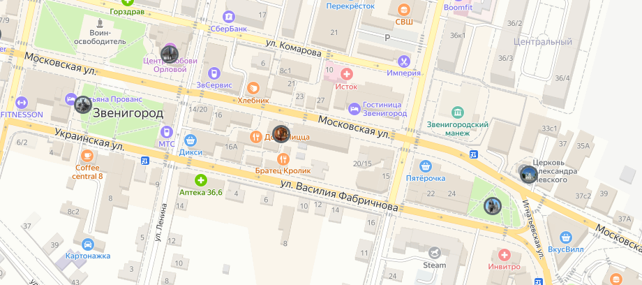 Карта Звенигорода с достопримечательностями города по улице Московской