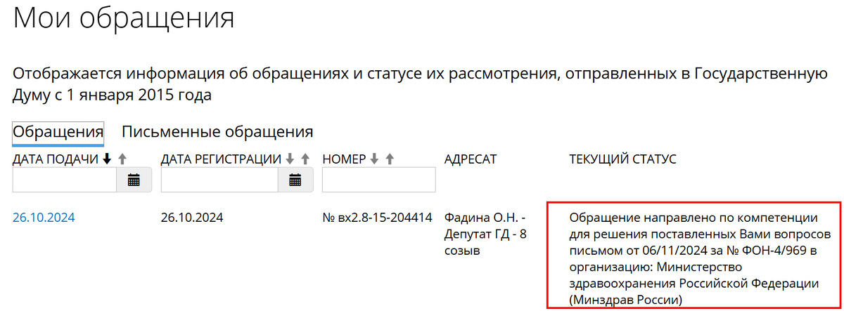 Обращение А.В. Панов депутату Г.Д. Фадиной О.Н.