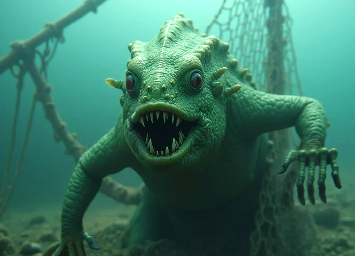 Рыбак не знает, что за существо им удалось поймать.