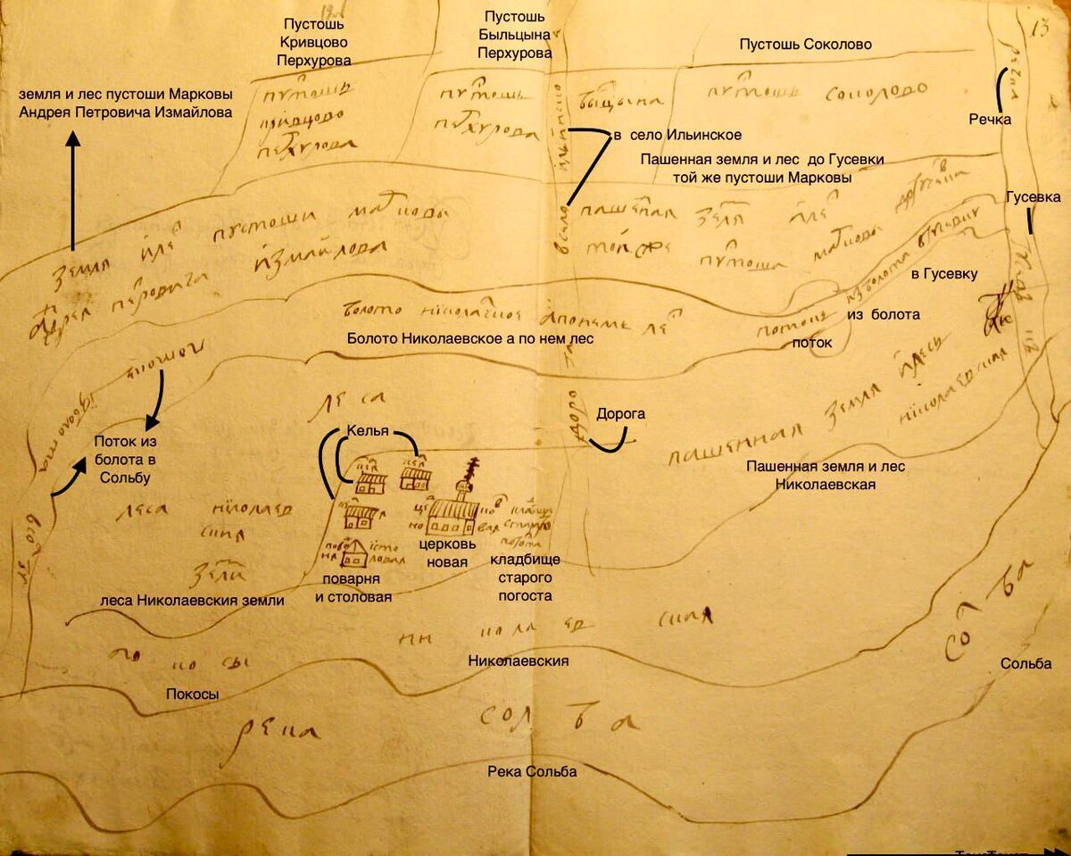 Чертеж церковной Николаевской земли в Переславль-Залесском уезде в Кистемском стане в Былцыне на реке Солбе. Выполнен по указу Царя Петра I патриаршим дворянином Федором Владикиным. 1713