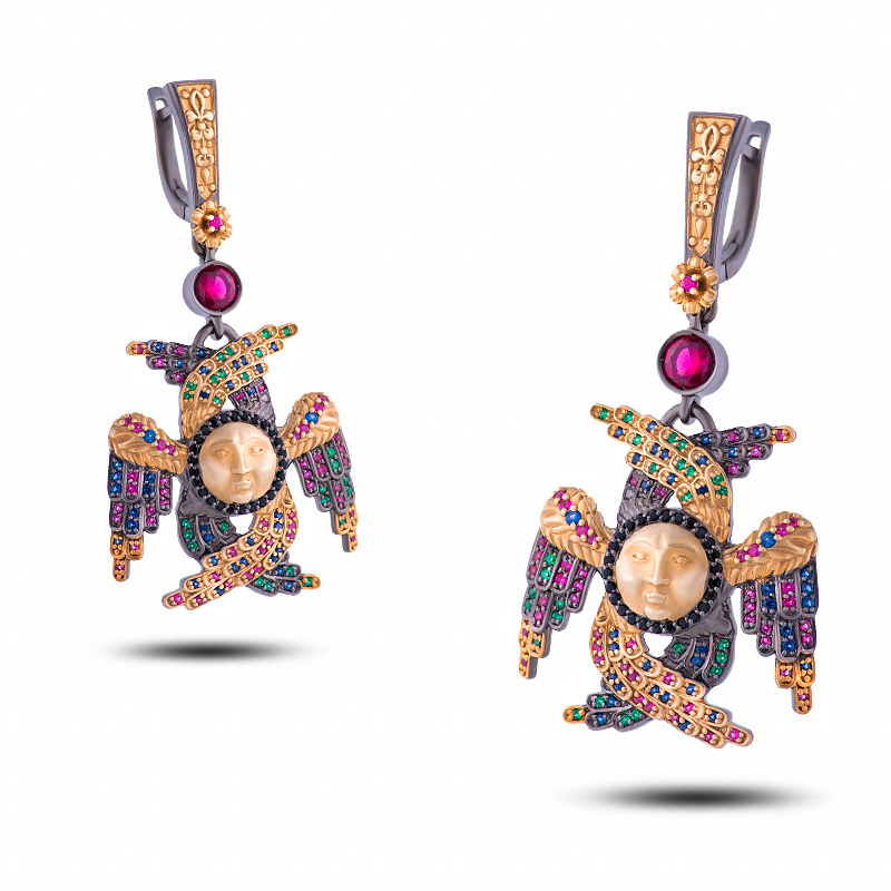 Серьги "Херувим", камни нано изумруд, нано сапфир, нано рубеллит, нано шпинель 