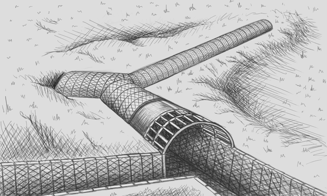 Рис. 1.2. Траншея, покрытая СЛ на всех этапах строительства: в переднем плане видны стенки траншеи, укрепленные СЛ от осыпания грунта – такие укрепления стенки необходимы по всей длине траншеи; далее видны элементы каркаса и укрытая часть каркаса металлическими листами; в продолжении – траншея, укрытая СЛ не менее в 3 слоя.