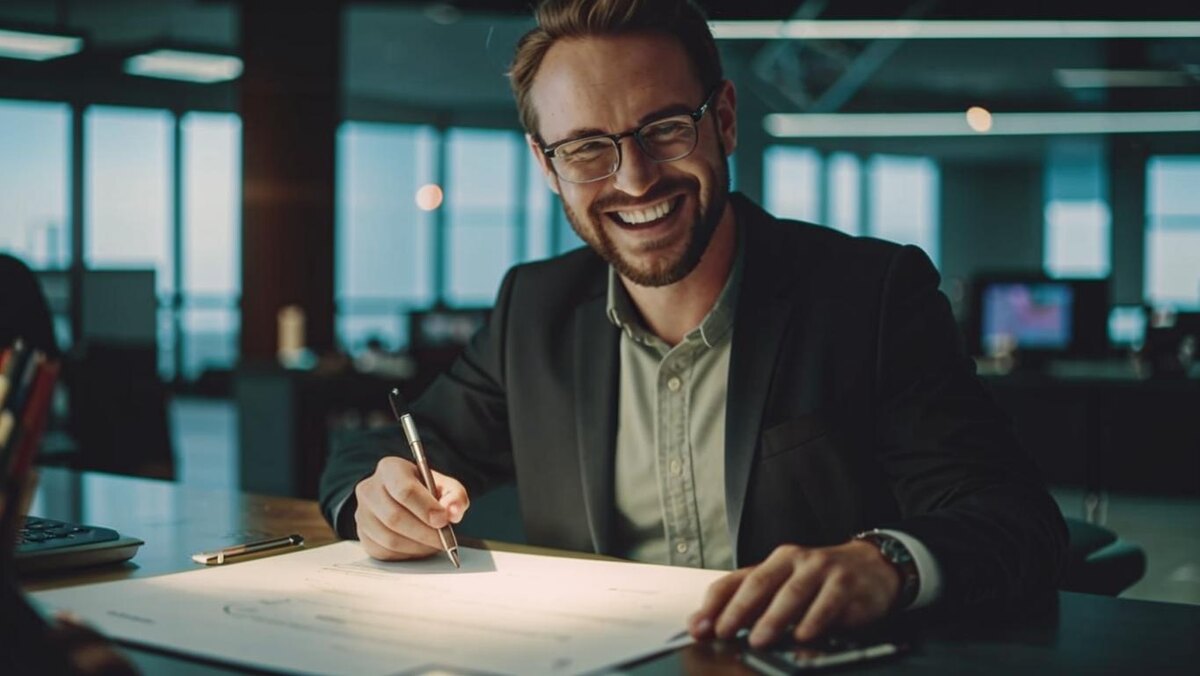 Мужчина оформляет выгодную ипотеку и выглядит весьма счастливым