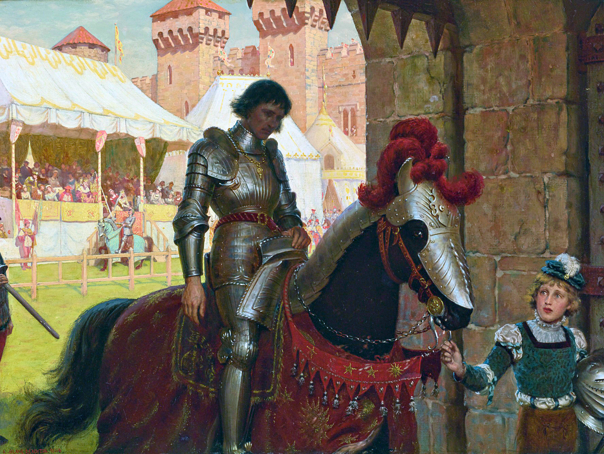 Фильмы полны сцен, где во время поединка противник оголяет меч и налегке вскрывает броню оппонента. Не верьте! Хорошая броня выглядела как нагромождение пластин. Разбить её лёгким оружие было практически невозможно. После турнира проигравший чаще был «разбитым» морально, а не физически. Картина Эдмунда Лейтона, 1884 год.
