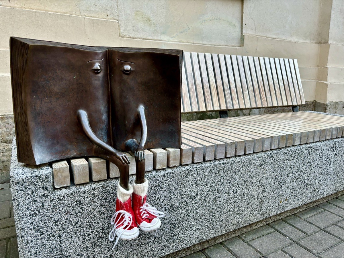 Потерянная книга грустит в одиночестве и ждет, когда за ней придут. Один из смыслов данного памятника - ценность чтения именно печатных книг. Фото автора