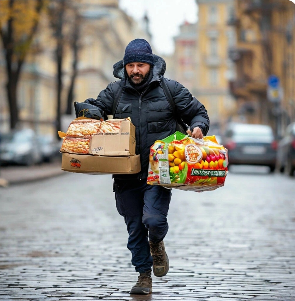 Курьер бежит с продуктами. Изображение сгенерировано нейросетью