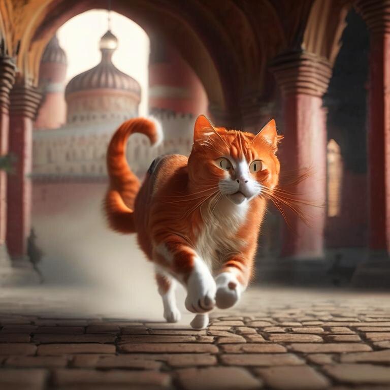 Кошка Марфа бежит по Кремлю с не доброй вестью. Рисунок создан нейросетью Шедеврум
